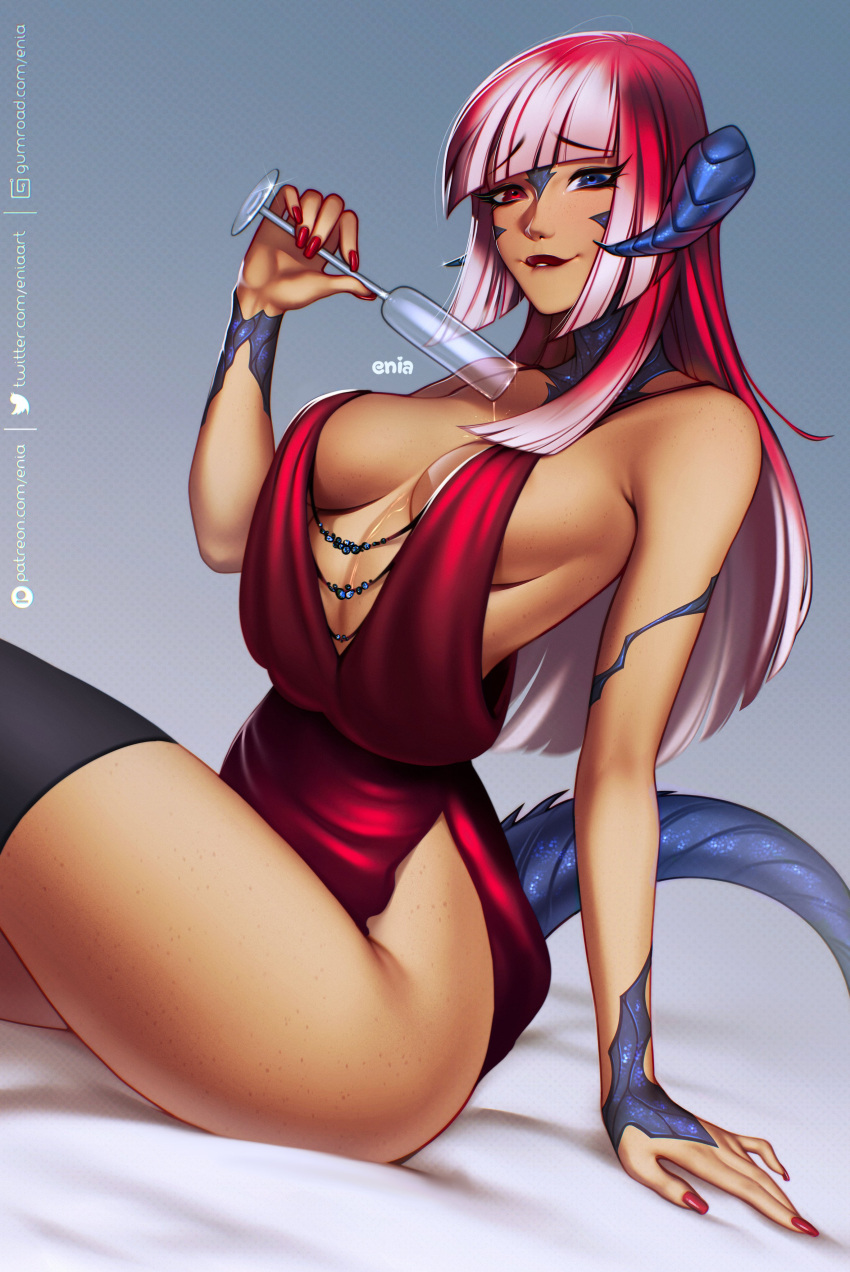 1girls absurdres au_ra bangs biting_lip black_socks blue_eyes breasts dress drinking_glass enia female final_fantasy final_fantasy_xiv heterochromia highres holding horns large_breasts lips long_hair looking_at_viewer multicolored_hair no_bra no_panties pink_hair plunging_neckline red_eyes red_hair scales sitting smile socks solo tail thigh_socks thighhighs xaela