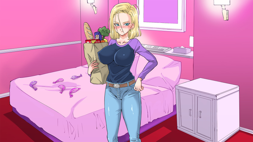 1girls alternate_version_available android_18 blonde_hair blue_eyes cameltoe cleavage curvy dragon_ball erect_nipples female huge_areolae huge_ass huge_breasts puffy_nipples shimofuritei short_hair thick_lips voluptuous wide_hips