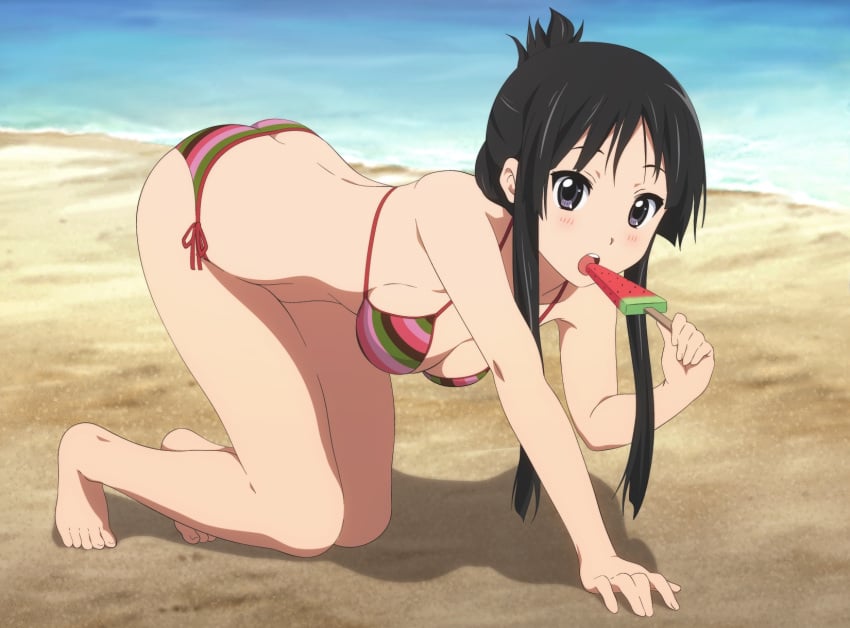 all_fours artist_request barefoot beach bikini black_hair breasts cleavage feet female food grey_eyes high_resolution k-on! long_hair looking_at_viewer medium_breasts mio_akiyama_(k-on!) non-web_source ocean official_style open_mouth popsicle round_teeth sand seaside sexually_suggestive side-tie_bikini sideboob solo striped striped_bikini striped_swimsuit summer swimsuit teeth toes watermelon_bar