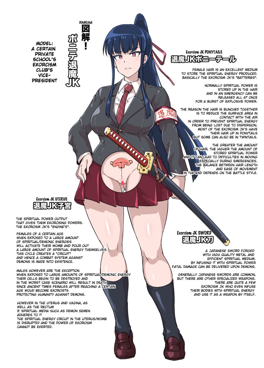 black_hair character_profile character_sheet chart english_text fan_no_hitori katana long_socks magical_girl no_panties ponytail pussy ribbon school_uniform serious skirt sword uterus virgin womb