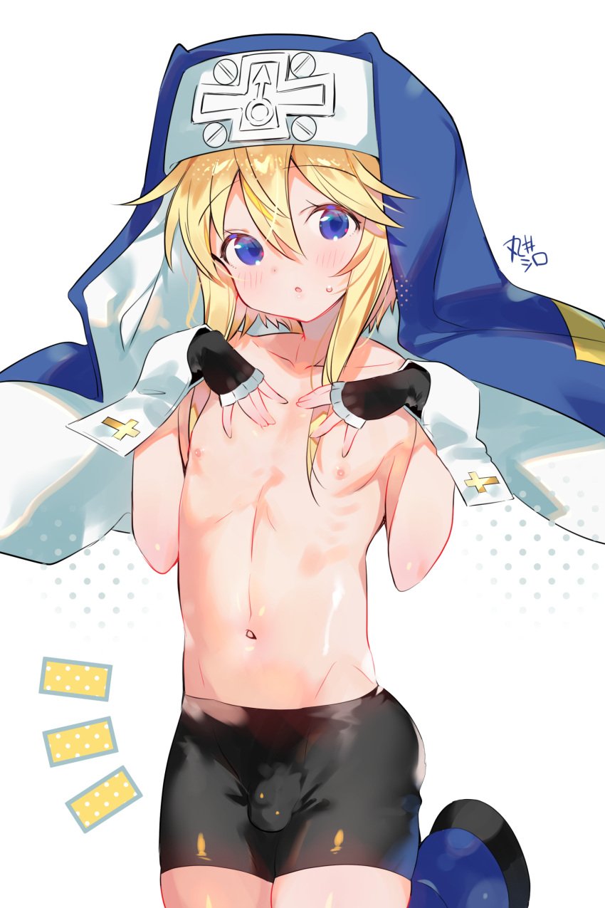 1boy abs absurdres bike_shorts blonde_hair blue_hair blush bridget bulge collarbone cross eyebrows_visible_through_hair femboy fingerless_gloves girly gloves guilty_gear habit hair_between_eyes hands_on_own_chest highres looking_at_viewer male male_focus male_only marui_shiro navel nipples otoko_no_ko pectorals sidelocks simple_background solo sweatdrop topless white_background wrist_cuffs