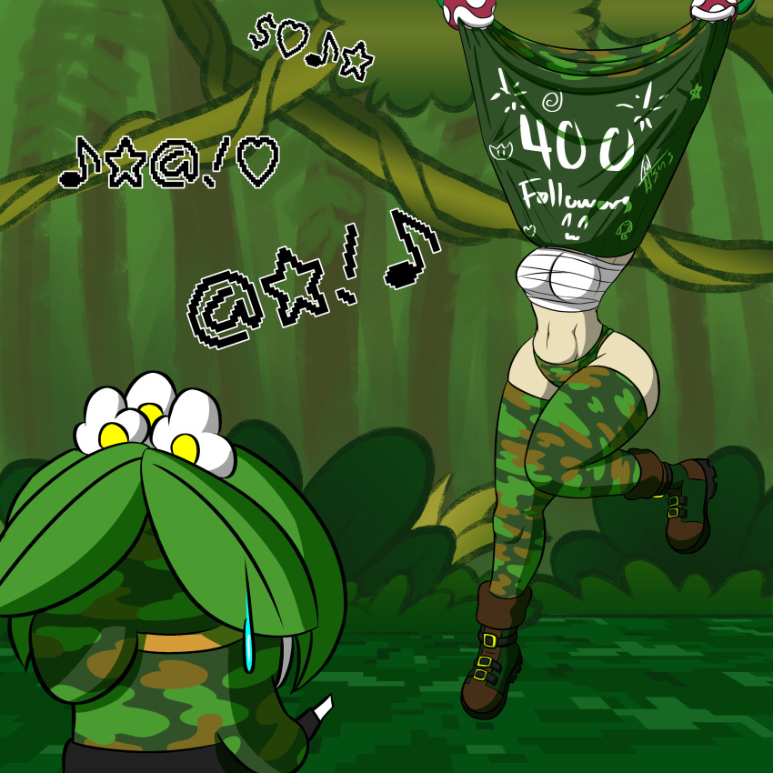 1girls 2021 abs angry bandage belly boots breasts camo camo_panties camouflage camouflage_stockings camouflage_thighhighs combat_boots covered female female_focus green_clothing hanging legs mario_(series) nintendo panties paper_mario piranha_plant plant raised_clothing shy_gal spy_guy stockings supermoonshroom text thick_thighs thighhighs thighs trapped video_games watermark wraps writing