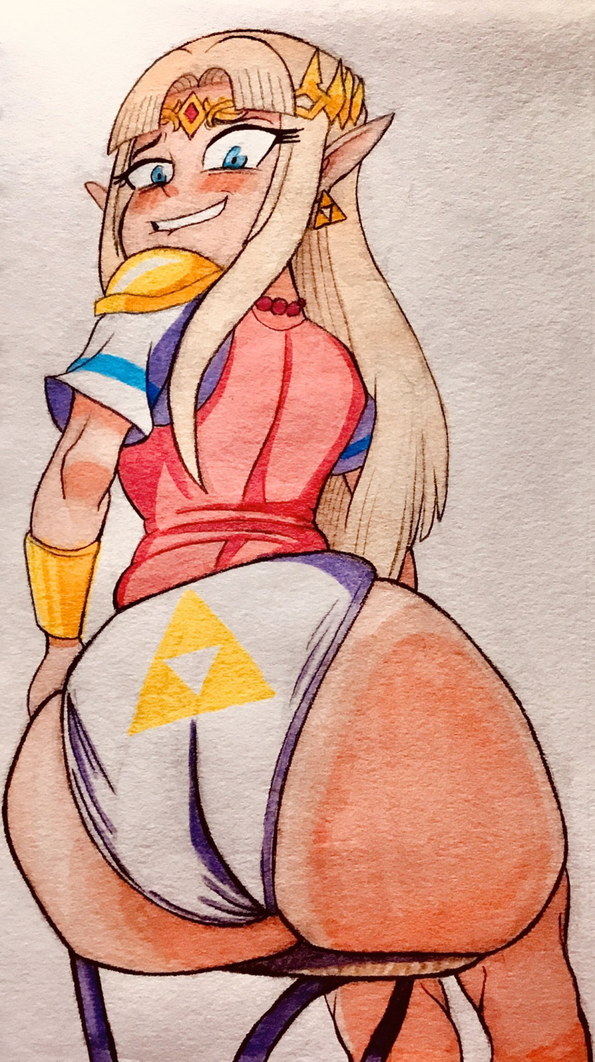 a_link_between_worlds arm_bracelets ass big_ass big_butt biting_lip blonde_hair blue_eyes blush bottom_heavy breasts bubble_ass bubble_butt butt fat_ass fat_butt female female_only handdrawn huge_ass huge_butt jewelry large_ass large_butt lip_biting looking_at_viewer looking_back nintendo panties pink_dress princess_zelda sinnni97 smile smiling the_legend_of_zelda thick_ass thick_legs thick_thighs triforce_earrings triforce_panties voluptuous wide_hips zelda_(a_link_between_worlds)