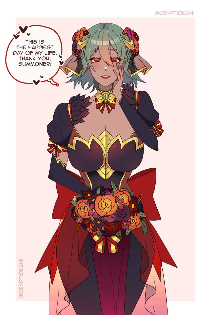 1girls alternate_costume bride cleavage collarbone cryptid_crab dark-skinned_female dark_skin english_text fire_emblem fire_emblem_heroes green_hair hand_on_own_face hourglass_figure huge_breasts kiran_(fire_emblem) kiran_(male)_(fire_emblem) laegjarn_(fire_emblem) large_breasts lipstick looking_at_viewer medium_hair multicolored_hair nintendo red_eyes red_lipstick ring short_hair smile solo solo_female text thick_thighs wedding_dress wedding_ring wide_hips