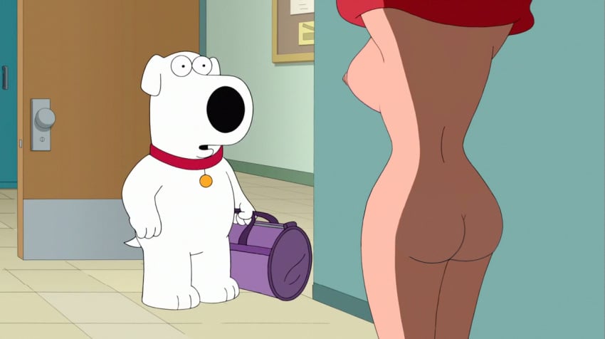 1boy 1girls ass big_ass big_breasts breasts brian_griffin canine duchess_(artist) family_guy female large_breasts male nipple no_bra no_panties patty_patterson sideboob thick_thighs thighs undressing walked_in_on white_fur