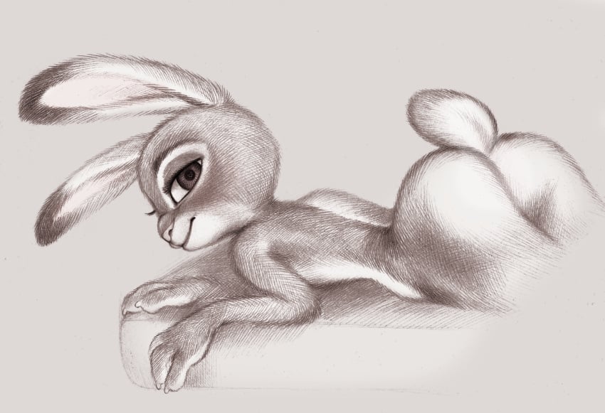 anthro ass ass_up big_butt claws dipstick_ears disney female finger_claws flat_chest fuchs hi_res judy_hopps lagomorph leporid looking_at_viewer lying mammal monochrome multicolored_ears nude on_front rabbit scut_tail simple_background sketch smile solo tasteful_nudity traditional_media_(artwork) zootopia