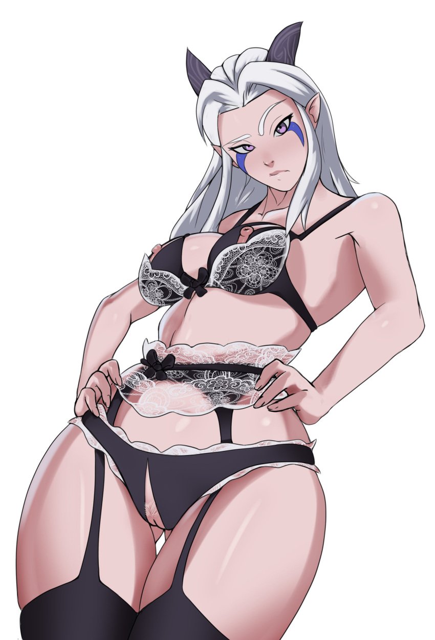 1girls breasts crotchless_panties eletoki elf elf_female exposed_pussy garter_belt garter_straps hands_on_waist horns hourglass_figure lingerie looking_at_viewer netflix nippleless_bra nippleless_clothes nipples purple_skin rayla_(the_dragon_prince) the_dragon_prince white_hair