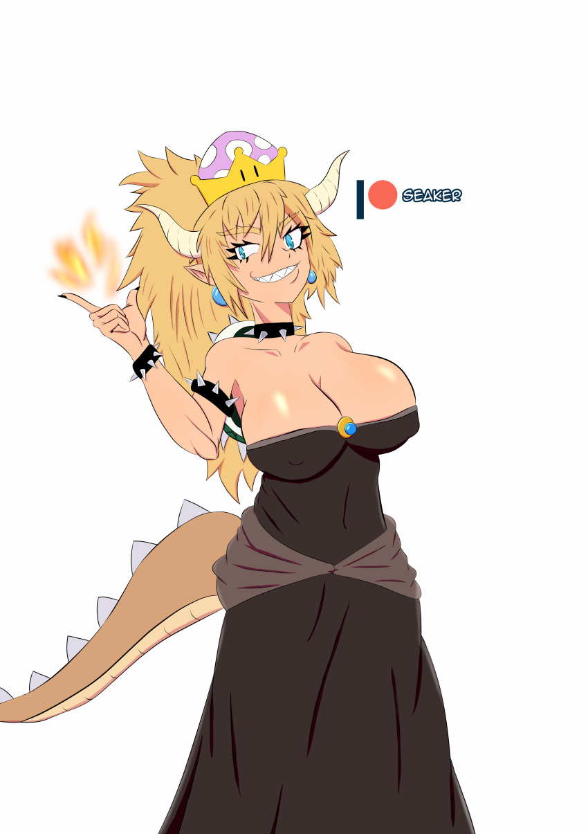 1girls blonde_hair blue_eyes bowsette breasts bursting_breasts cleavage collar crown dress erect_nipples female female_only fire high_resolution huge_breasts large_breasts mario_(series) new_super_mario_bros._u_deluxe nintendo nipples patreon seakerzx shell smile smirk solo super_crown tail turtle_shell watermark wrist_cuffs wristband