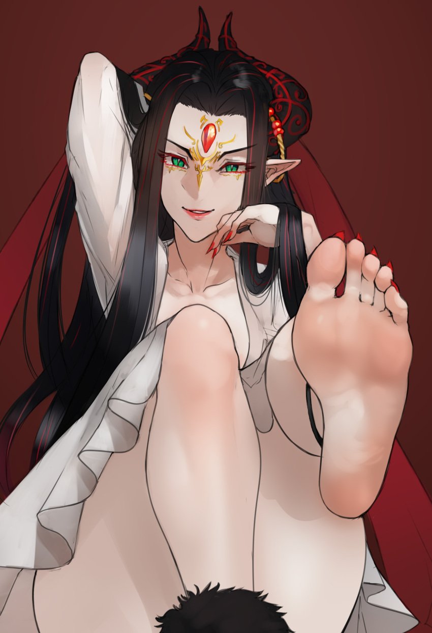 absurdres barefoot black_hair breasts demon_girl dress facepaint feet feet_up female foot_fetish forehead_jewel green_eyes highres horn_ornament horn_ring horns jewelry lipstick long_hair looking_at_viewer makeup nail_polish pointy_ears presenting_feet scas scathegrapes smile soles solo thunderbolt_fantasy white_dress xing_hai