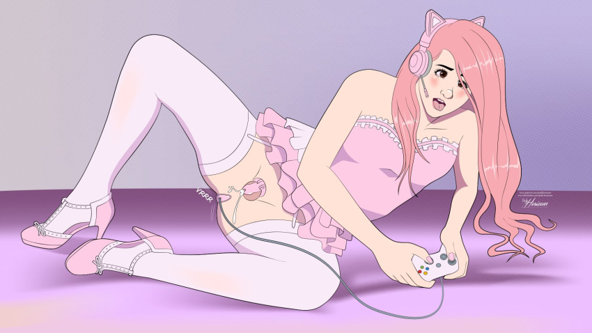 1boy ahe_gao anal cat_ears chastity chastity_cage crossdressing femboy frilled_skirt game_controller gamer_girl headphones headphones_on_head high_heels leaking_cum lying_on_side pink_hair pink_horizons sex_toy sissy stockings vibrator