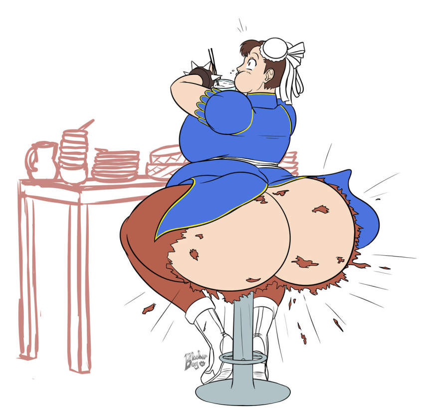 asian asian_female ass belly belly_stuffing big_ass big_belly big_butt blooberboy chun-li eating female female_only huge_ass large_ass overeating overweight overweight_female solo_female street_fighter stuffed_belly stuffing torn_clothes