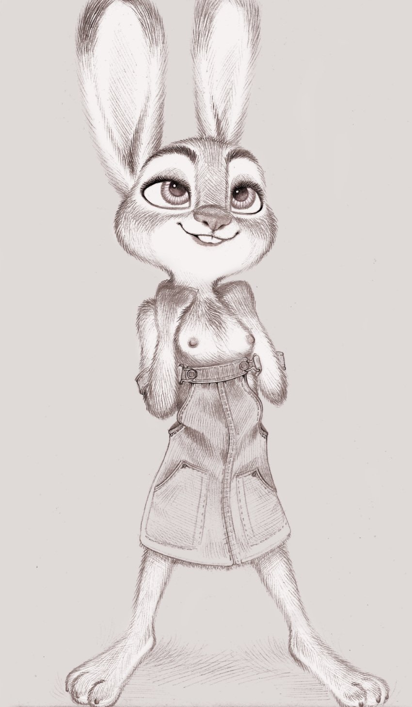 3_toes absurd_res anthro baggy_clothing barefoot breasts buckteeth claws clothed clothing denim dipstick_ears disney dress erect_nipples exposed_breasts feet female flat_chest fuchs hi_res judy_hopps lagomorph leporid looking_up mammal monochrome multicolored_ears nipples off_shoulder rabbit simple_background sketch small_breasts smile solo teeth toe_claws toes traditional_media_(artwork) zootopia