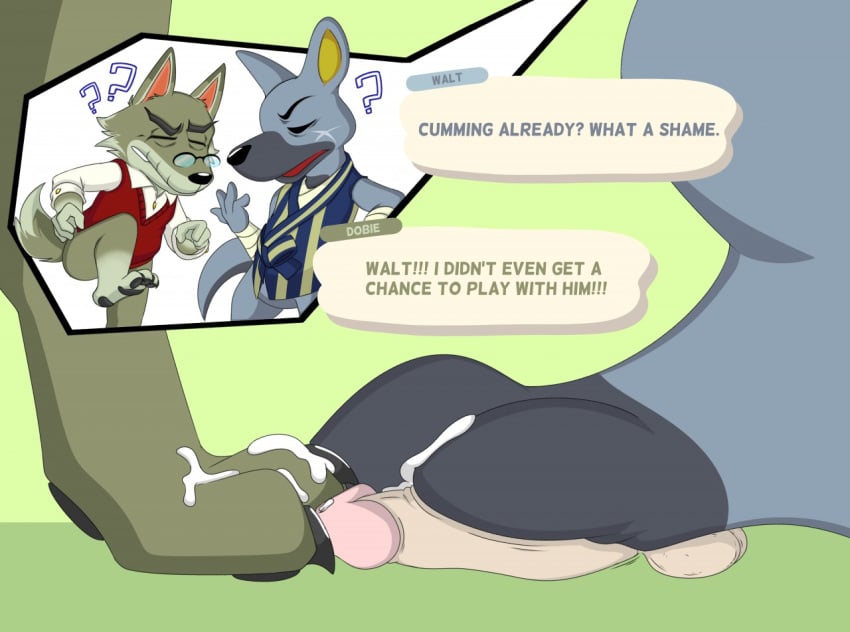 2020 2boys animal_crossing cum dialogue dobie_(animal_crossing) feet furry human kangaroo macro/micro nintendo paw penis stepping_on_penis testicles walt_(animal_crossing) wolf