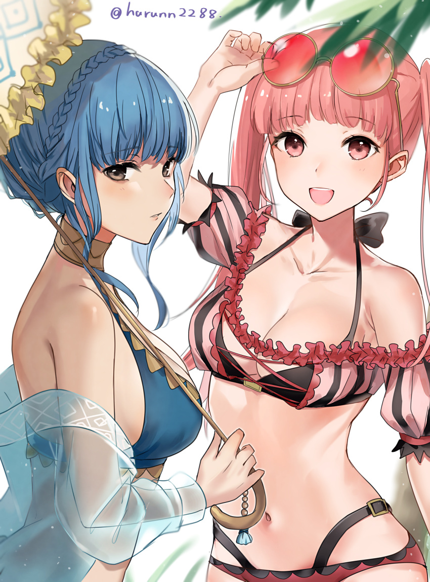 2girls absurdres alternate_costume artist_name bangs bare_midriff bare_shoulders belly big_breasts bikini blue_bikini blue_hair blue_swimsuit blush blushing braid breasts brown_eyes cleavage confident embarrassed eyewear eyewear_on_head female female_only fire_emblem fire_emblem:_three_houses fire_emblem_heroes french_braid glasses glasses_on_head happy haru_(nakajou-28) highres hilda_valentine_goneril hilda_valentine_goneril_(summer) holding_parasol holding_umbrella human human_only light-skinned_female light_skin looking_at_viewer looking_away marianne_von_edmund marianne_von_edmund_(summer) medium_breasts midriff multiple_girls navel nintendo off-shoulder_bikini off_shoulder official_alternate_costume open_mouth parasol pink_bikini pink_eyes pink_hair pink_swimsuit shawl shy sidelocks smile smiling smiling_at_viewer stomach sunglasses sunglasses_on_head swimsuit twintails umbrella white_background wholesome