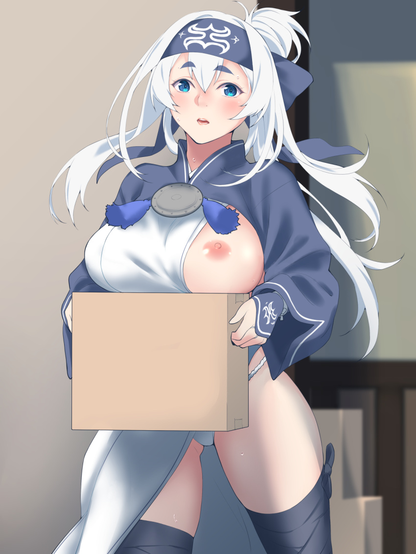 ainu_clothes areolae bandana blue_eyes blue_hair blue_headband box breast_slip breasts commentary_request cowboy_shot cropped_jacket female folded_ponytail fundoshi headband highres japanese_clothes kamoi_(kantai_collection) kantai_collection large_breasts leg_wrap nipples one_breast_out pelvic_curtain running shingyou_(alexander-13) sidelocks solo thick_eyebrows thighhighs white_hair wrist_guards