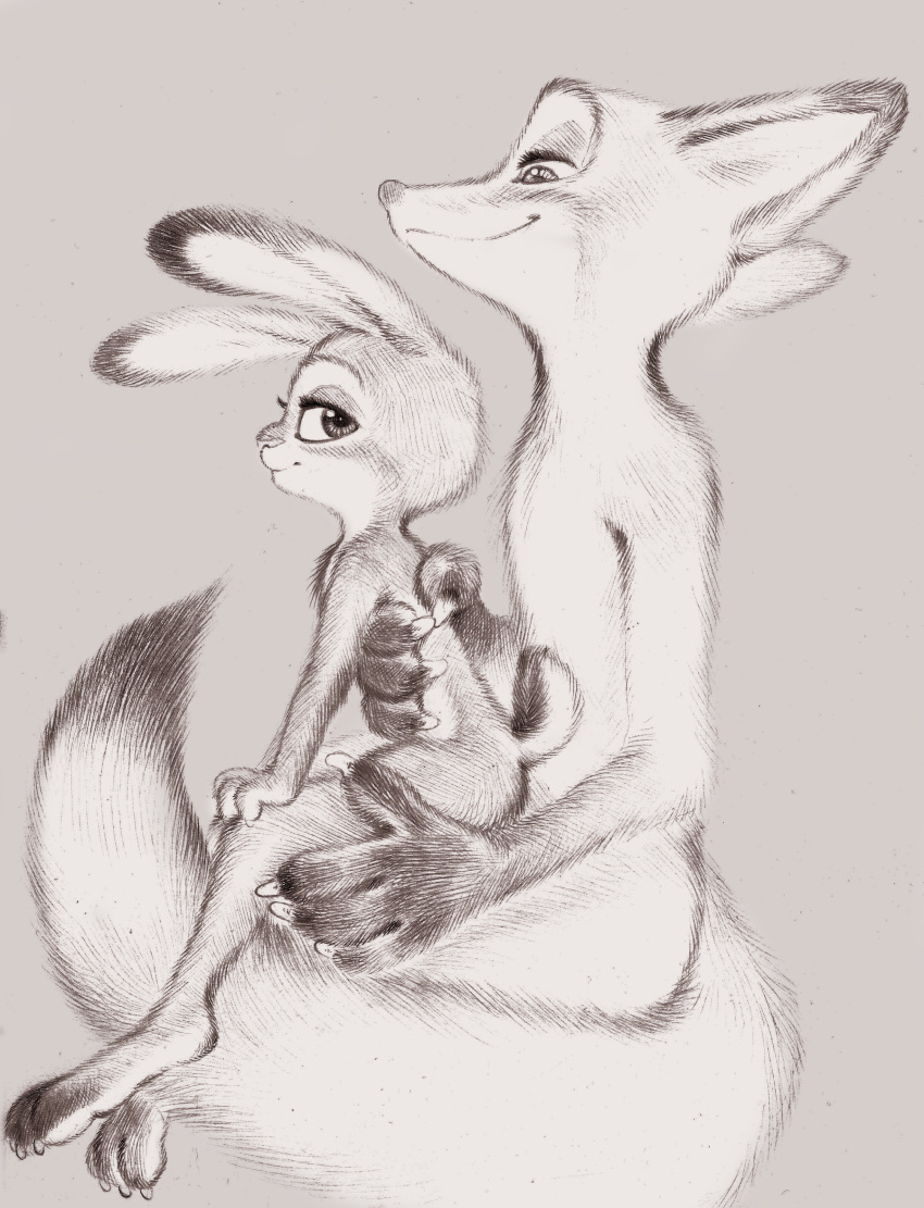 4_fingers absurd_res anthro canid canine claws dipstick_ears disney duo female finger_claws fingers flat_chest fox fuchs half-closed_eyes hands_on_knees hi_res judy_hopps lagomorph larger_male leporid looking_back male male/female mammal monochrome multicolored_ears narrowed_eyes nick_wilde nude on_lap paws rabbit simple_background sitting_on_lap size_difference sketch smaller_female smile traditional_media_(artwork) zootopia