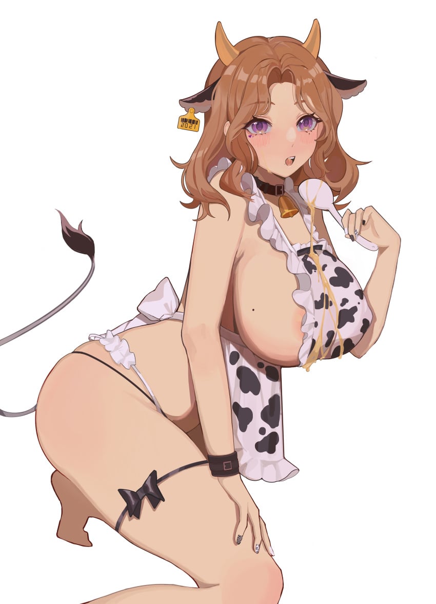 1girls 2021 apron areola_slip bell bell_collar big_breasts black_collar blush blush_lines breasts brown_hair collar covered_nipples cow_ears cow_girl cow_horns cow_print_apron cow_tail cowbell eyebrows eyebrows_visible_through_hair eyelashes fake_animal_ears fake_horns fake_tail female female_focus female_only honey honey_on_breasts huge_breasts jintianhuahualema mole mole_on_breast nail_polish nails naked_apron open_mouth open_mouth original original_character purple_eyes sideboob simple_background solo solo_female solo_focus thick_thighs thigh_strap thighs white_background