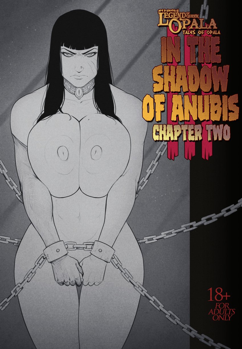 1girls black_hair chains chapter_2 collar comic cover_page cuffs devil_hs english_text female female_only frown hi_res legend_of_queen_opala long_hair loqo:_in_the_shadow_of_anubis_iii_chapter_2 massive_breasts nipples nose_piercing nude nude_female osira partially_colored scar simple_background source_request story swegabe text