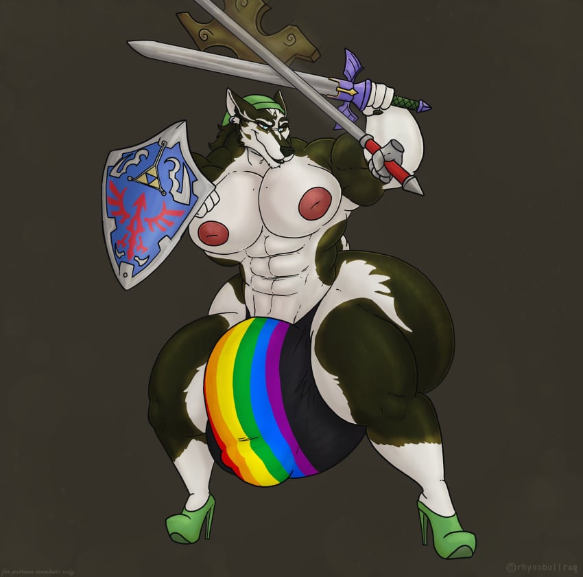 1boy absurd_res absurdres anthro anthrofied ass big_ass big_bulge big_butt big_pecs black_lipstick blue_eyes buff bulge canid canine furry gay girly green_hat grey_fur hi_res high_heels high_resolution highres huge_ass huge_bulge huge_butt huge_nipples huge_pecs hylian_shield hyper hyper_ass hyper_bulge hyper_butt hyper_nipples hyper_pecs link lips lipstick male male_only master_sword muscular muscular_male nintendo nipples partially_clothed patreon patreon_exclusive patreon_only_post patreon_reward pecs rhynobullraq six_pack smile smiling the_legend_of_zelda thong topless topless_male twilight_princess white_fur wolf wolf_link