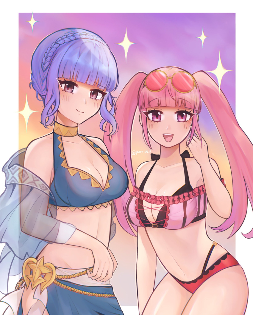 2girls absurdres alternate_costume artist_name bangs bare_midriff bare_shoulders bikini blue_bikini blue_hair blue_swimsuit blush blushing breasts brown_eyes cleavage confident female female_only fire_emblem fire_emblem:_three_houses fire_emblem_heroes happy highres hilda_valentine_goneril hilda_valentine_goneril_(summer) human human_only light-skinned_female light_skin looking_at_viewer marianne_von_edmund marianne_von_edmund_(summer) multiple_girls navel nintendo pink_bikini pink_eyes pink_hair pink_swimsuit pov pov_eye_contact purrlucii sarong shy sidelocks smile smiling smiling_at_viewer sparkle sparkles sunglasses sunglasses_on_head swimsuit thighs twintails wholesome