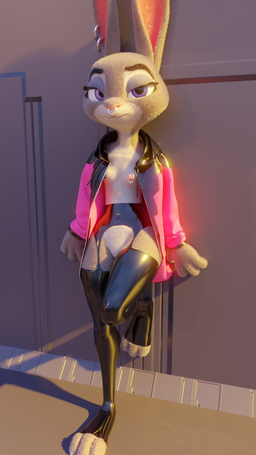 3d 3d_(artwork) 9:16 anthro blue_clothing bottomless breasts clothed clothing clothing_aside clothing_lift digital_media_(artwork) disney ear_piercing ear_ring facial_piercing female flat_chest flat_chested fur glistening glistening_clothing hi_res jacket judy_hopps lagomorph leggings legwear leporid looking_at_viewer mammal mostly_nude multicolored_body nipple_piercing nipple_ring nipples nose_piercing nose_ring partially_clothed piercing pink_nipples pink_nose pochemu presenting rabbit rubber septum_piercing simple_background small_breasts solo stockings topwear two_tone_body zootopia