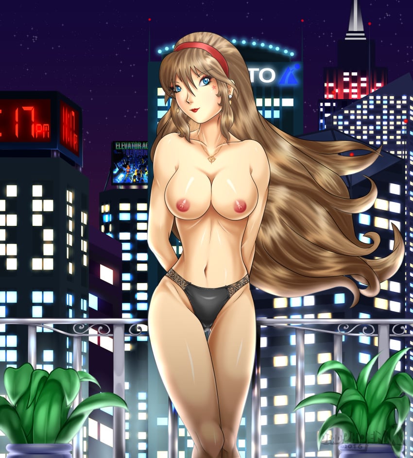 2016 black_panties blue_eyes brown_hair city deadphoenx earrings edie_burret elevator_action elevator_action_returns female large_breasts long_hair necklace night plant solo