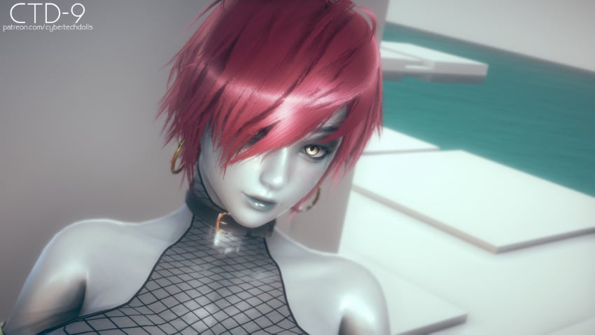 1girls 3d 3d_(artwork) android bodystocking breasts collar cybernetics cybertechdolls fishnet_bodysuit glowing_eyes grey_skin large_breasts lilith_(cybertechdolls) red_hair wet yellow_eyes