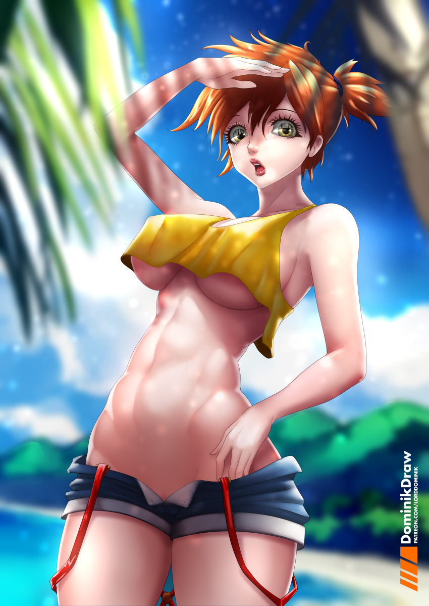 abs alternate_breast_size asymmetrical_hair breasts clothing cowboy_shot denim denim_shorts female female_only female_solo game_freak green_eyes gym_leader high_resolution hips huge_breasts kasumi_(pokemon) large_breasts large_filesize legs looking_at_viewer lord_dominik muscle navel nintendo open_mouth orange_hair palm_tree pokemon pokemon_(anime) pokemon_(classic_anime) pokemon_(game) pokemon_rgby ponytail red_hair shirt short_hair short_shorts shorts side_ponytail sleeveless sleeveless_shirt solo suspenders tank_top thighs tied_hair tree very_high_resolution water wide_hips yellow_shirt yellow_tank_top