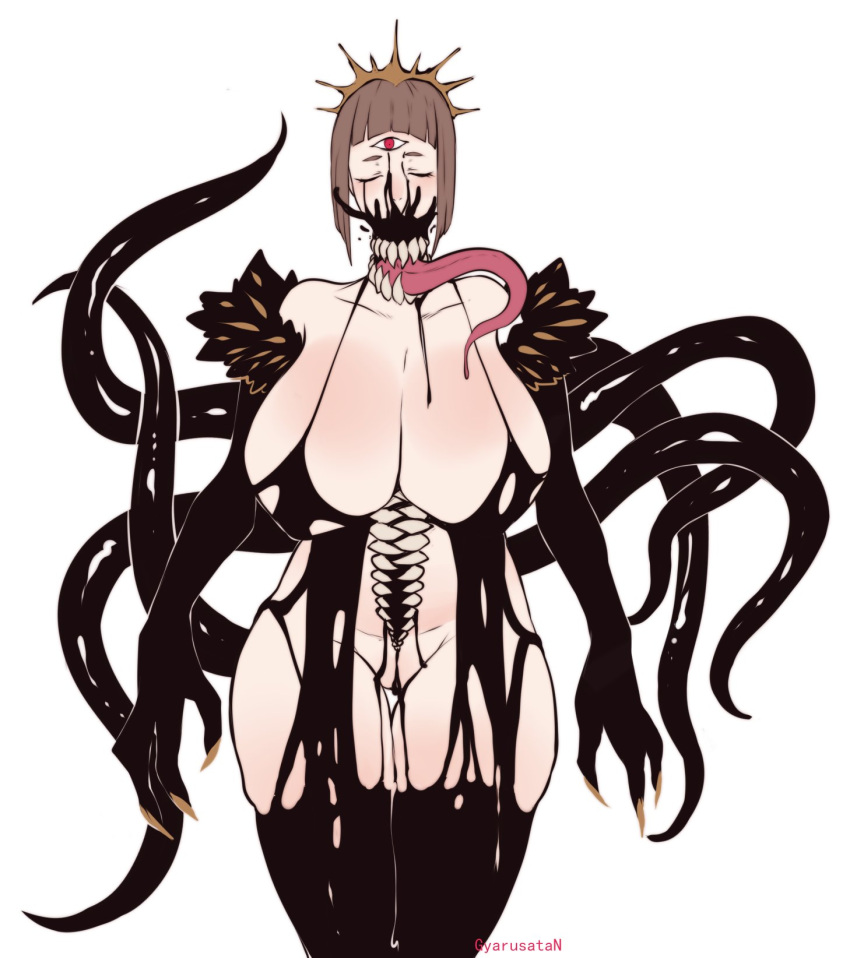 1girls 3_eyes bangs big_breasts black_body black_goo black_tentacles body_horror brown_hair closed_eyes convenient_censoring demon demon_girl female female_only forehead_eye fusun_(gyarusatan) gyarusatan headdress hi_res huge_breasts legs_together long_tongue multi_eye red_eyes sharp_claws sharp_teeth solo solo_female stomach_mouth tentacle tentacles thick_thighs thigh_gap tongue_out two_eyes_closed voluptuous white_background