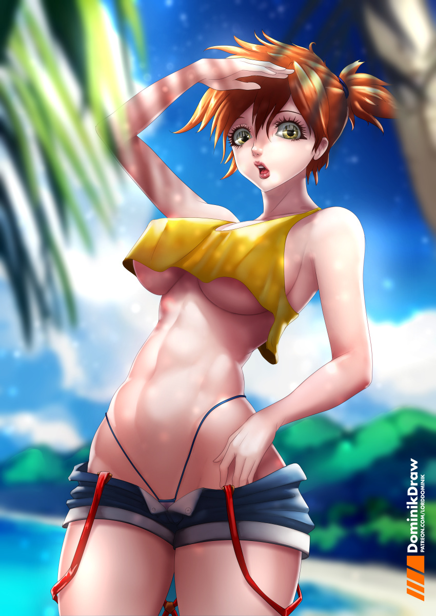 abs alternate_breast_size asymmetrical_hair breasts clothing cowboy_shot denim denim_shorts female female_only female_solo game_freak green_eyes gym_leader high_resolution hips huge_breasts kasumi_(pokemon) large_breasts large_filesize legs looking_at_viewer lord_dominik muscle navel nintendo open_mouth orange_hair palm_tree pokemon pokemon_(anime) pokemon_(classic_anime) pokemon_(game) pokemon_rgby ponytail red_hair shirt short_hair short_shorts shorts side_ponytail sleeveless sleeveless_shirt solo suspenders tank_top thighs thong tied_hair tight_clothes tree underwear very_high_resolution water wide_hips yellow_shirt yellow_tank_top