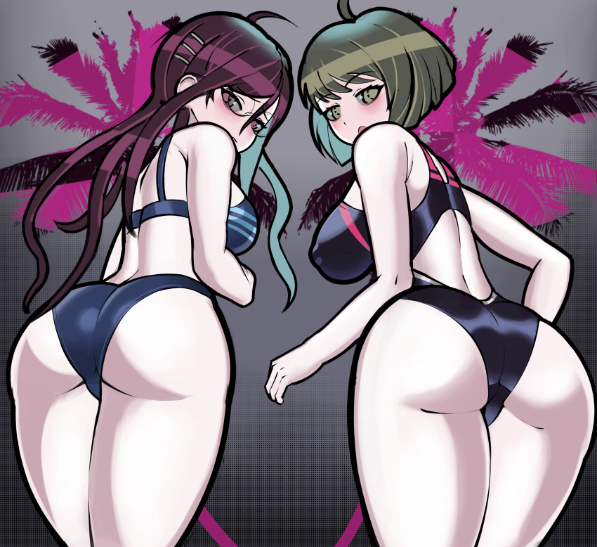 2girls ass_focus big_ass big_breasts big_butt danganronpa danganronpa_ultra_despair_girls embarrassed female_only fukawa_touko glasses green_eyes green_hair long_hair multiple_girls naegi_komaru one-piece_swimsuit purple_eyes purple_hair short_hair straight_hair swimsuit trizzz