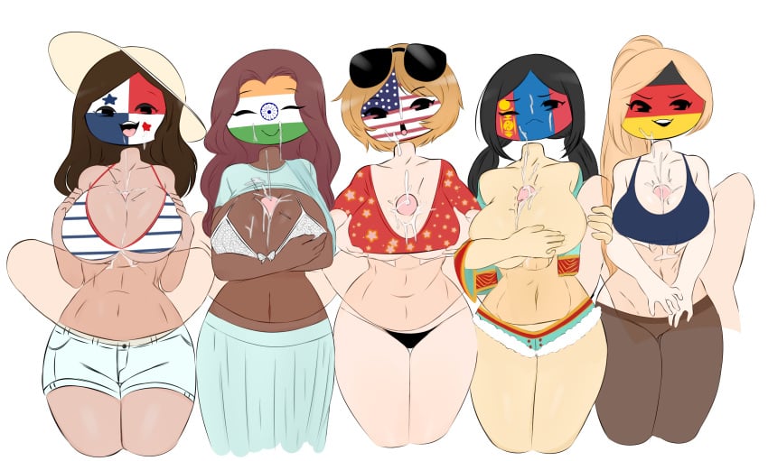 5girls big_breasts clothed clothing countryhumans countryhumans_girl cum_between_breasts cum_on_breasts cum_on_upper_body dark_skin disembodied_penis ejaculation_between_breasts female female_focus flawsy germany_(countryhumans) hair humanoid india_(countryhumans) light-skinned_female light_skin lineup mongolia_(countryhumans) mostly_nude multiple_girls paizuri paizuri_under_clothes pale_skin panama_(countryhumans) partially_clothed skirt source_request standing united_states_of_america_(countryhumans) wide_hips