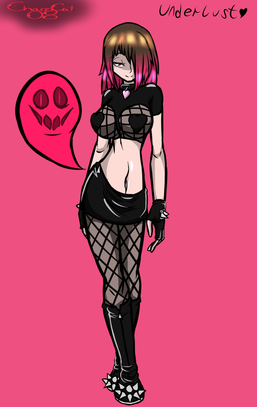 bete_noire boots chaoscat08 dominatrix female_only glitchtale mesh mesh_clothing mesh_shirt naughty_face naughty_smile pink_eyes pink_hair spikes underlust undertale undertale_fanfiction white_skin