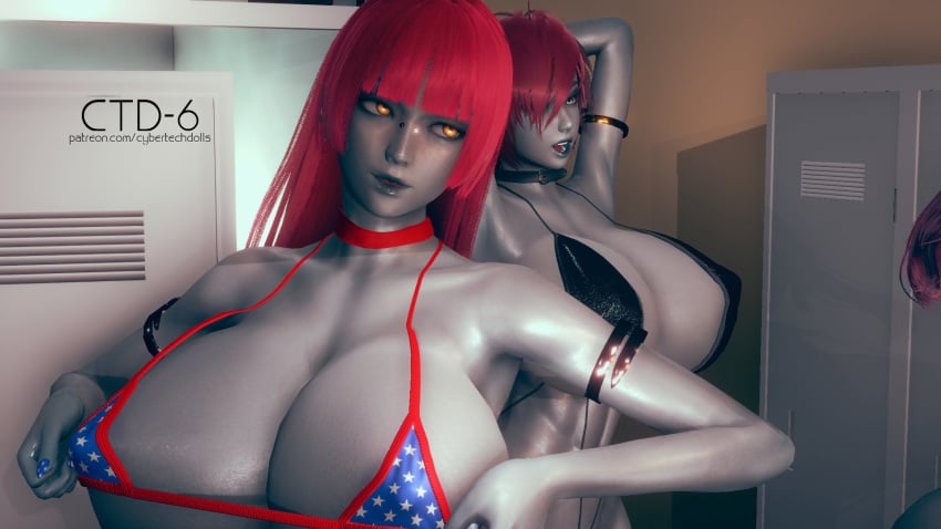 2girls android bikini black_bikini breasts cybertechdolls female female_only glowing_eyes large_breasts lilith_(cybertechdolls) long_hair multiple_girls orange_eyes patricia_(cybertechdolls) short_hair sling_bikini usa_bikini yellow_eyes