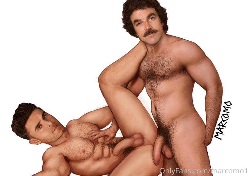 actor celebrity circumcised flaccid flaccid_penis gay hairy looking_at_viewer male male_only marcomo muscles muscular muscular_male real_person tom_selleck uncut veiny_penis zac_efron