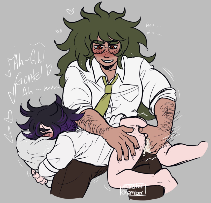 1boy 1cuntboy blush bottomless clothed cum cum_in_pussy cum_on_fingers cum_on_pussy cuntboy cuntboy/male danganronpa danganronpa_v3 dark_skin dialogue english_text face_in_pillow fingering fingering_partner glasses gokuhara_gonta green_hair grey_background intersex leaking_cum light_skin long_hair_male looking_down lying_on_person male male_penetrating monsterchamber on_lap ouma_kokichi pillow purple_hair red_eyes round_glasses size_difference smile smooth_skin straight_hair text tie two_tone_hair vaginal_fingering