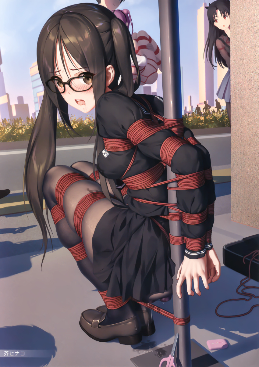 akuta_hinako anal_object_insertion bondage bound bound_ankles bound_arms bound_hands bound_legs bound_to_pole bound_wrists dripping dripping_pussy dripping_wet fate/grand_order fate_(series) glasses loafers pantyhose pigtails public red_rope rope rope_bondage school_uniform shibari shibari_over_clothes skirt tagme tied_up tohsaka_rin tokinohimitsu vibrator yu_mei-ren_(fate)