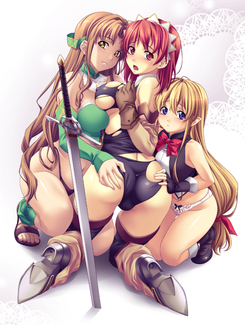 3girls aria_(seiken_no_blacksmith) ass ass_grab blonde_hair blush boots bow bow_panties breasts brown_eyes brown_hair cameltoe cecily_cambell curvy female fingerless_gloves gloves group_sex highres kneeling knight large_breasts lisa_(seiken_no_blacksmith) long_hair looking_back multiple_girls nagayori naughty_face panties pointy_ears red_hair sandals seiken_no_blacksmith sex squat squatting sword thighhighs threesome toes torn_clothes underwear very_long_hair weapon white_panties yuri