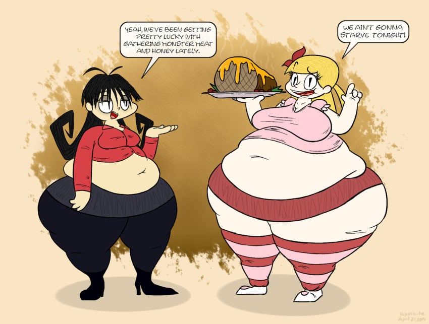 2girls belly big_breasts dont_starve dont_starve_together fat female female_only food high_heel_boots huge_ass huge_belly morbidly_obese overweight overweight_female skirt solitaryscribbles striped_legwear weight_gain wendy_(don't_starve) wide_hips willow_(don't_starve)