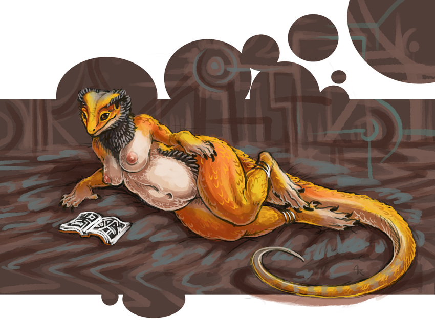 acidapluvia anthro bearded_dragon book breasts brown_eyes chubby claws digitigrade female lizard scalie solo thick_thighs