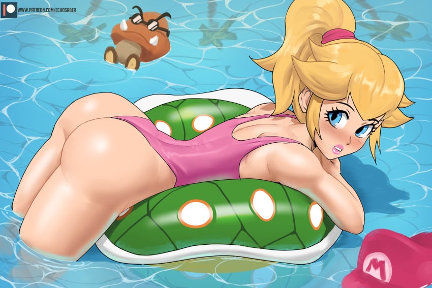 1girls 1other absurd_res alternate_hairstyle ass big_butt blonde_hair blue_eyes blush butt earrings echosaber eyelashes female female_focus fringe goomba hat highres light-skinned_female lipstick long_hair looking_at_viewer looking_back mario_(series) nintendo one-piece_swimsuit pale-skinned_female petite pink_lipstick pink_swimsuit ponytail pool presenting_ass princess princess_peach royalty seductive_look slim super_mario_bros. swimsuit teenager thick_thighs thighs water