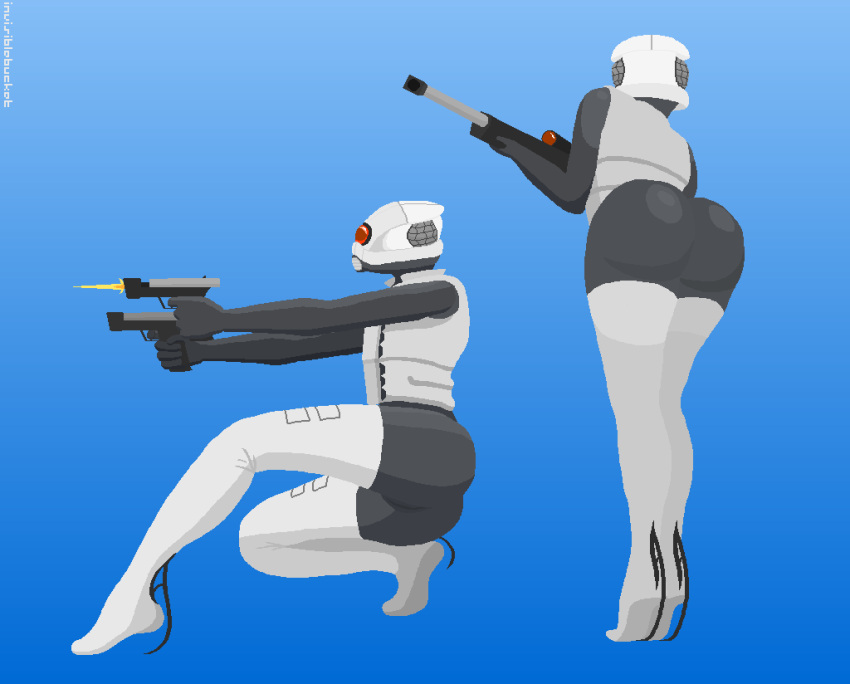 2d 2girls armor ass big_ass combine_(half-life_series) combine_assassin female female_only gas_mask gun half-life half-life_(series) half-life_2 half-life_2_beta handgun invisiblebucket mask masked masked_female pixel_art pussy_visible_through_clothes sniper stockings thick_thighs