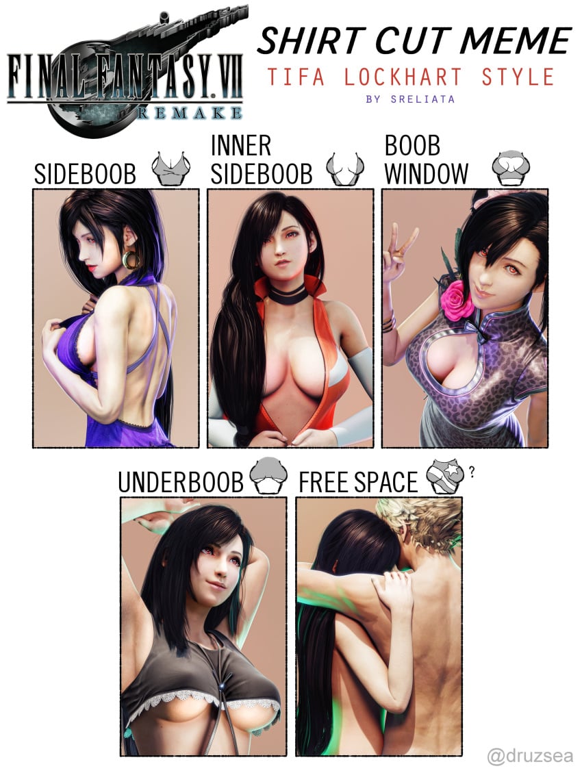 3d armpit_stubble armpits athletic athletic_female bare_shoulders big_breasts black_hair blonde_hair bodysuit breasts busty choker cleavage cleavage_cutout cloud_strife dress edit female female_focus final_fantasy final_fantasy_vii final_fantasy_vii_remake hourglass_figure hugging lipstick long_hair makeup red_eyes shirt_cut_meme sreliata_(artist) tagme tifa_lockhart underboob unzipped_bodysuit v_sign