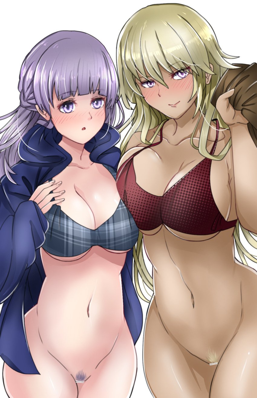 2girls alternate_costume asymmetrical_docking bare_shoulders bikini blonde_hair blue_bikini blue_swimsuit blush bottomless breast_squeeze censored cleavage collarbone dark-skinned_female dark_skin female_only female_pubic_hair fire_emblem fire_emblem:_the_binding_blade huge_breasts igrene_(fire_emblem) jacket large_breasts looking_at_viewer multiple_girls nintendo open_mouth pubic_hair purple_eyes purple_hair red_bikini red_swimsuit sideboob smile sophia_(fire_emblem) swimsuit toshimasa underboob wide_hips yuri