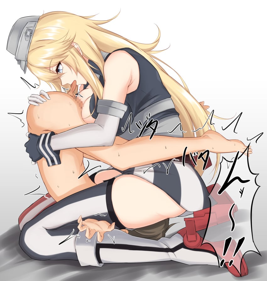 1boy 1girls 69 ball_bite ball_biting ball_crushing ballbusting biting_testicles blonde_hair breast_press busty cbt cfnm clothed_female_nude_male cock_and_ball_torture facesitting female_domination femdom genital_torture iowa_(kantai_collection) kantai_collection large_breasts paizuri piro_(iiiiiiiiii) pixelated_penis plow_pose size_difference testicle_biting testicles trembling upside-down vertical_69