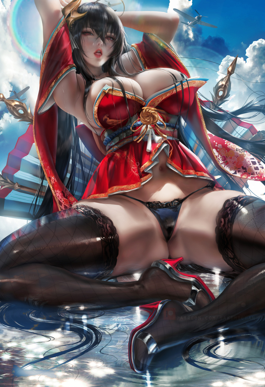 1girls armpits arms_up azur_lane bangs big_breasts black_hair breasts breasts_bursting_out cleavage clothed clothing cross_section crotch feet female female_focus female_only hair_between_eyes hair_on_breasts hair_ornament heels huge_breasts kimono large_breasts legs legwear long_hair navel open_legs red_eyes sakimichan skimpy skimpy_clothes solo solo_female solo_focus spread_legs stockings taihou_(azur_lane) thick_thighs thighs underwear very_long_hair