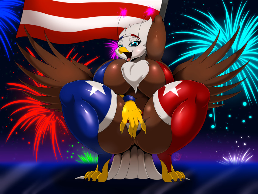 2021 4th_of_july accipitrid accipitriform american_flag anthro avian big_breasts bikini bird breasts butt_from_the_front clothing crouching digital_media_(artwork) eagle female female_only fireworks flag furry furry_only hi_res liberty_(suirano) non-mammal_breasts open_mouth solo stockings suirano swimwear thick_thighs wings