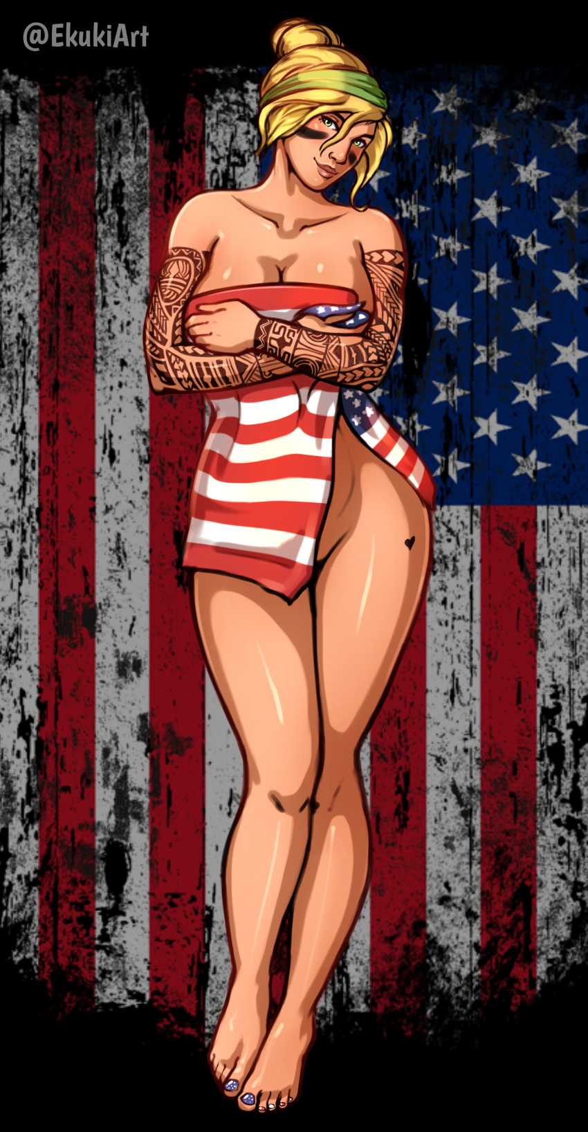 1girls american_flag blonde_hair breasts ekuki elite_skin female female_only flag full_body green_eyes rainbow_six rainbow_six_siege solo tattoo tattoos valkyrie_(rainbow_six)