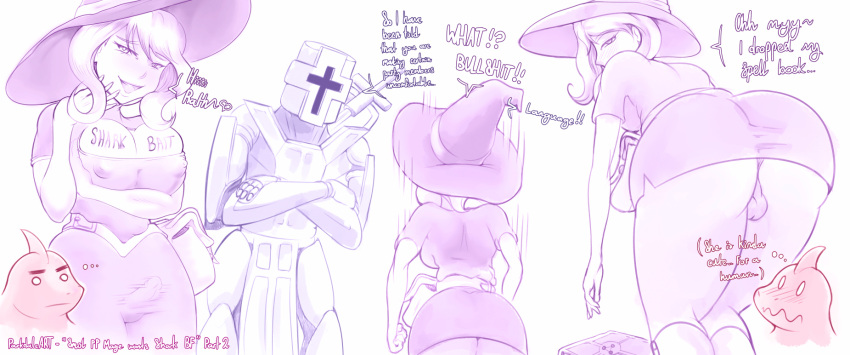 1futa 2boys angry armor ass backsack balls big_ass big_breasts body_writing breasts bulge clothed clothing dialogue fully_clothed futanari half-closed_eyes human knight large_breasts male monochrome parkdale shark standing testicles text trap witch_hat wizard_hat