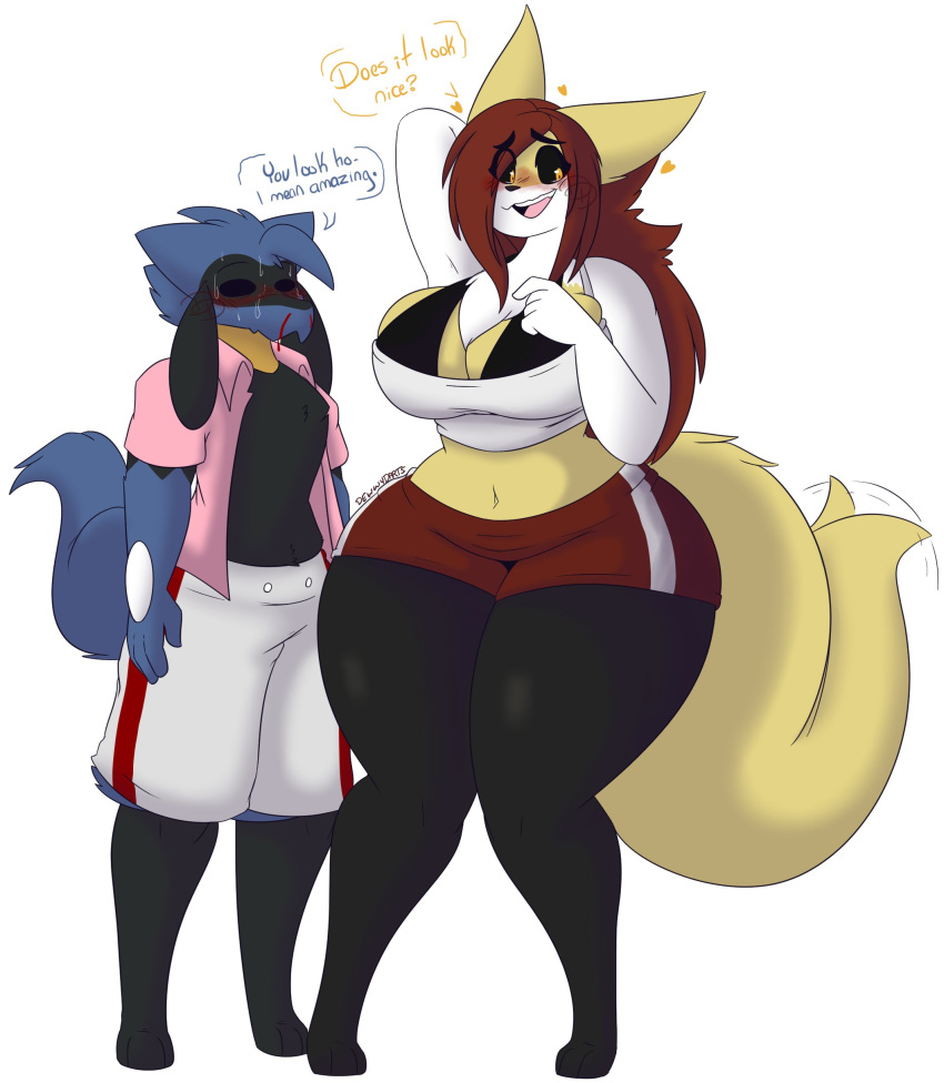 anthro braixen breasts dew(dewwydartz) dewwydarts dewwydartz female game_freak maddie(dewwydartz) nintendo pokémon_(species) pokemon pokemon_(species) riolu shorts thick_thighs white_background wide_hips